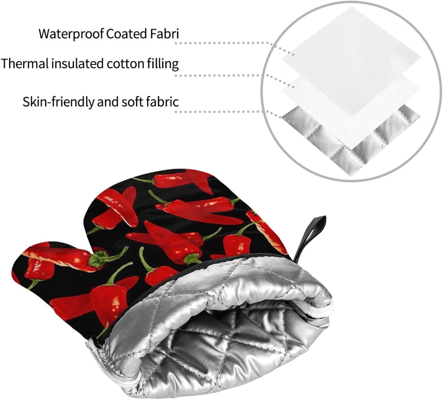 Chili Peppers Chili Oven Mitts and Pot Holders Sets of 4 High Heat Resistant Oven Mitts with Oven Gloves and Hot Pads Polyester Potholders for Kitchen Baking Grilling BBQ Non-Slip Cooking Mitts