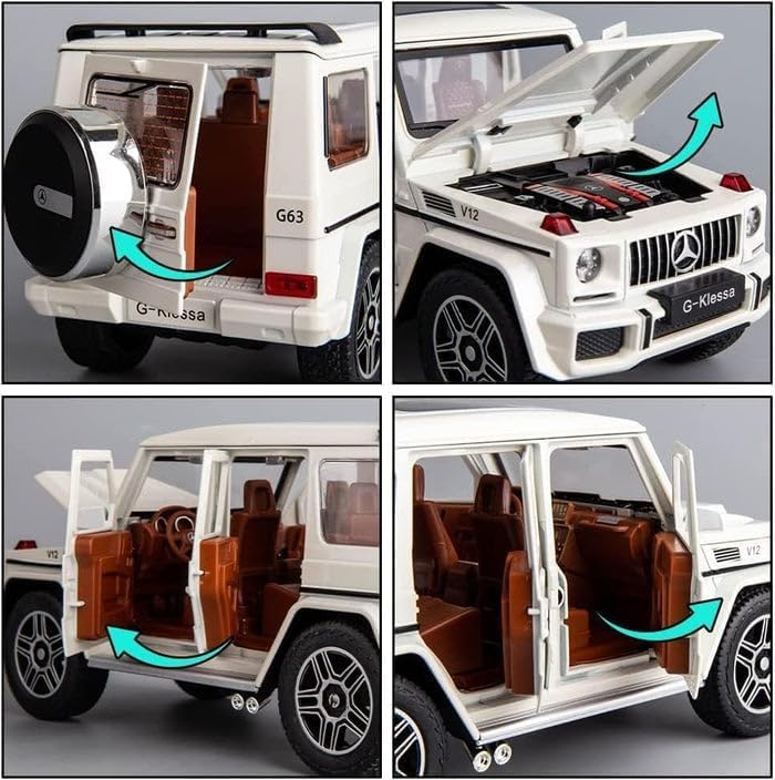 Image of WORSHIPER Alloy Metal Pull Back Die-cast Car 1:24 Big Mrcedes AMG G63 G-Klessa Diecast Metal Pullback Toy car with 6 Openable Doors & Light, Music Boys Gifts Toys for Ki (1:24 G-KLESSA - White Color)