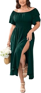 Plus Size Maxi Dress Off The Shoulder Ruffle Smocked Wedding Guest Cocktail Slit Hem Flowy Dresses for Curvy Women