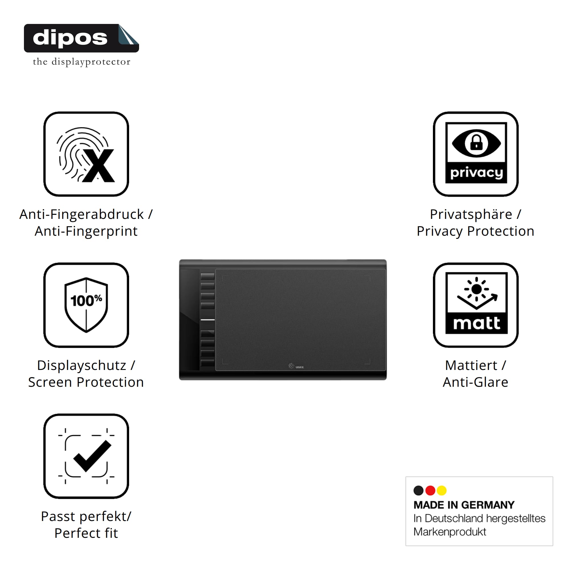 dipos Protection écran anti-espion pour Ugee M708 | Film mat, filtre de confidentialité 4 directions, sur mesure, anti-rayures, sans bulles, adhésion sans colle