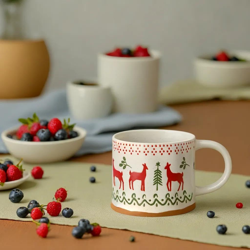 Tazza natalizia da 500 ml, grande capacità, in ceramica, per tè, latte, caffè, con coperchio, cucchiaio, per la casa, regali di Natale (cucchiaio rosso per mescolare con coperchio