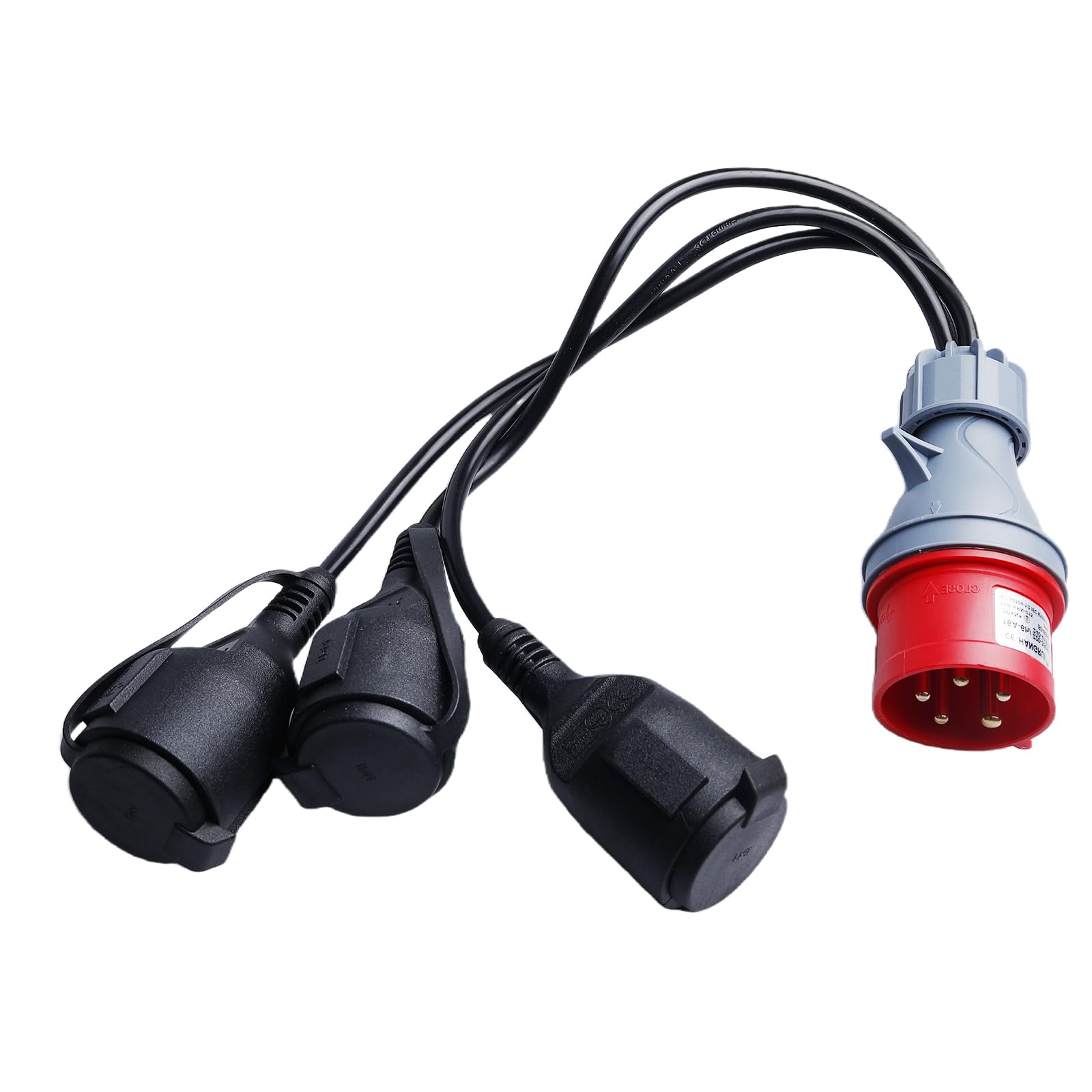 Adaptateur CEE, Câble Adaptateur CEE de Camping avec Couvercle Rabattable et Prise de Terre, Adattatore CEE 400 V 16 A, Fiche vers 3 Prises 230 V, pour Caravanes, Industrie, Espaces Extérieurs