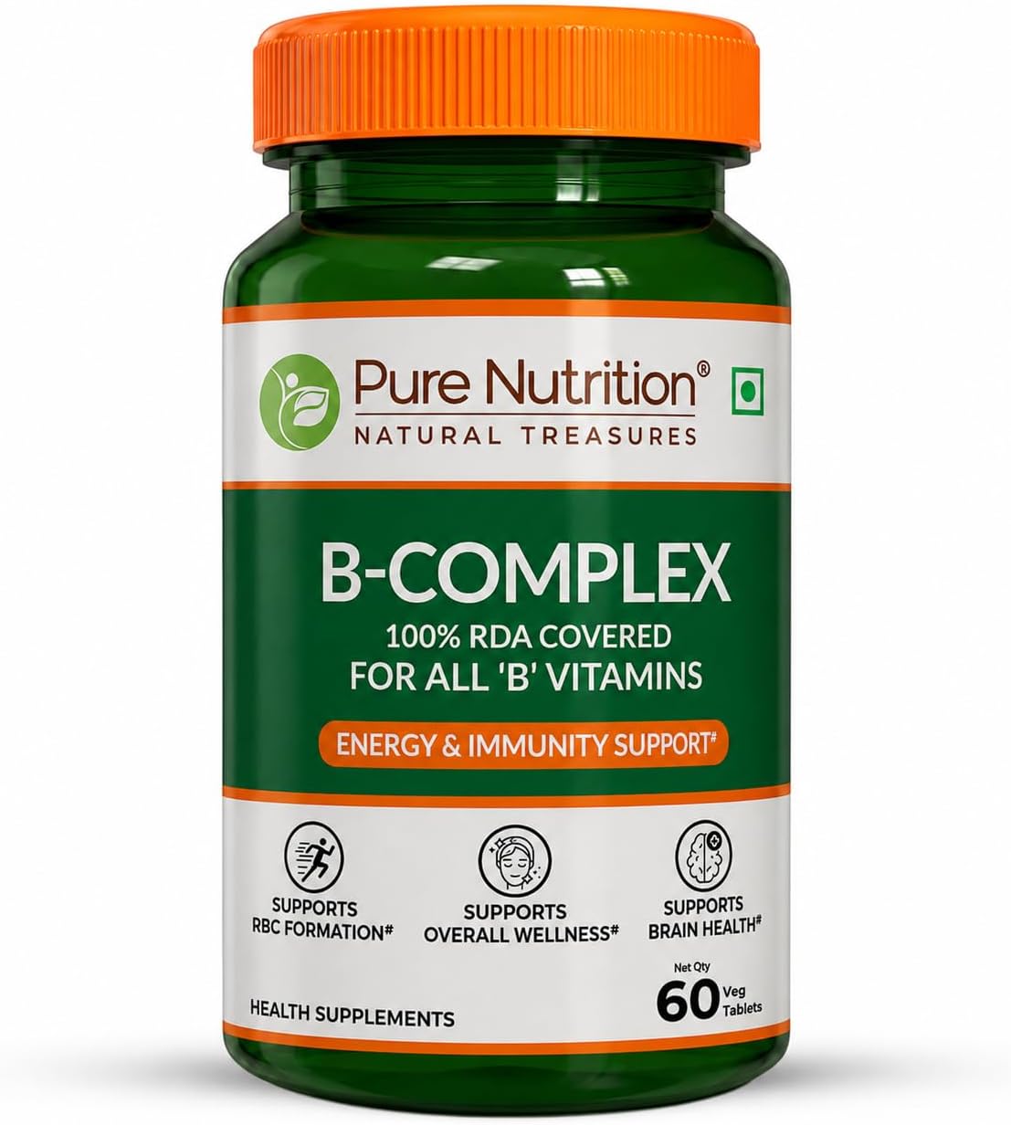 – B-Complex 60 Veg Tabs – 100% RDA of B1, B2, B3, B5, B6, B9 | Boosts Immunity, Supports Hair Growth, Energy & Overall Health for Men & Women