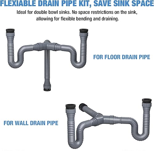 Miniatura 5 de NiHome Tubo flexible expandible de trampa en P de 1 12 o 1 14 pulgadas para fregadero de cocina doble, con adaptador de anillo de sellado, cinta de