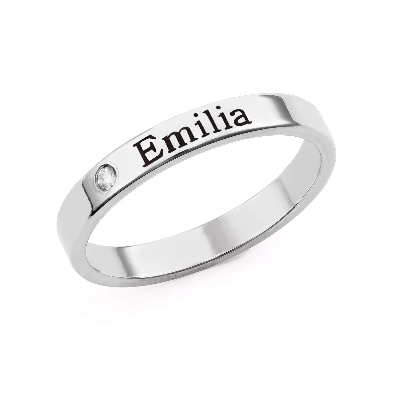 MyNameNecklace Personalisierbarer stapelbarer gravierter Ring mit Diamant für Damen, personalisierbar, personalisierbar mit jedem Namen oder Wort, Sterlingsilber, Geschenk aus 925er Sterlingsilber