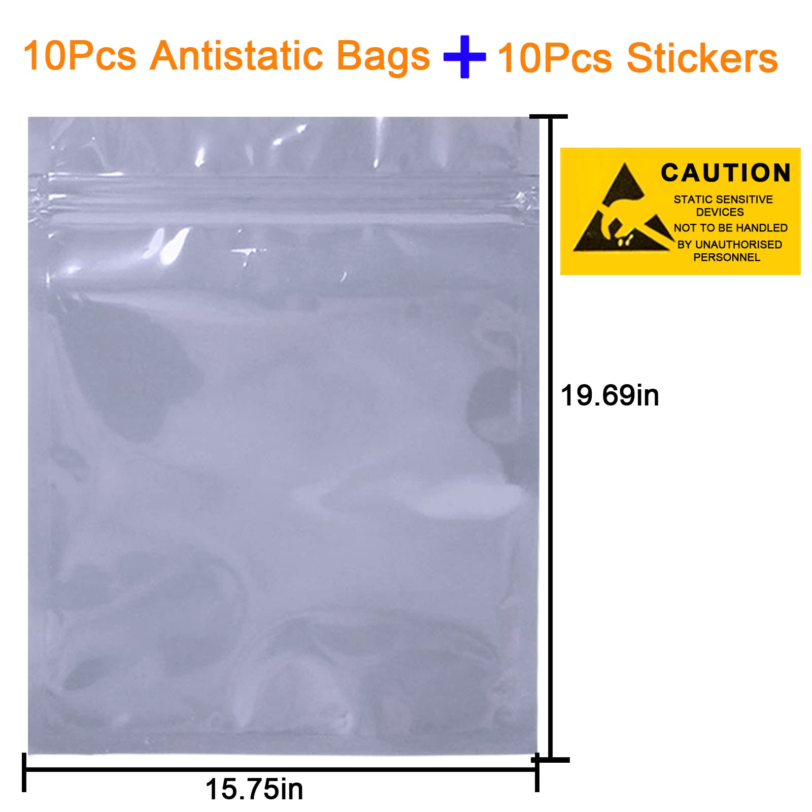 10 sacchetti antistatici richiudibili, 15,75 x 50 cm, extra large ESD per elettronica, scheda madre, accessori per computer, con 10 adesivi statici