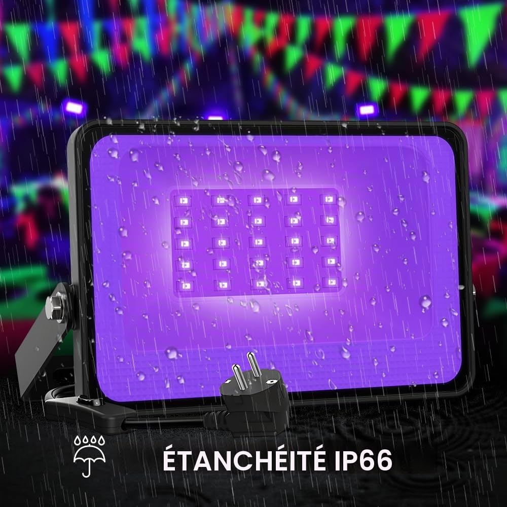 Onforu 2pcs 30W Projecteur UV LED, IP66 Étanche Lumière Noire UV Extérieur, Projecteur LED Ultraviolet avec Prise, Éclairage à Effet pour Soirée, Peinture Fluo, Affiche fluorescente, Néon, Bar, Fête