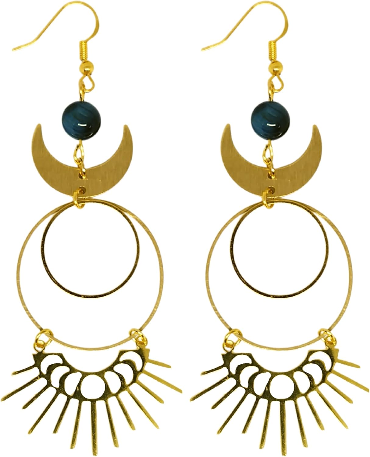 Moon Phases Sunshine Dangle Earrings with Blue Tigers Eye Gemstone Beads Moonshine Sunrise