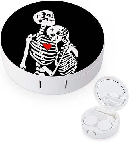 Skull Love In Heart Estuche para lentes de contacto con espejo, portátil, kit de viaje con solución limpiadora de lentes, pinzas para botellas,