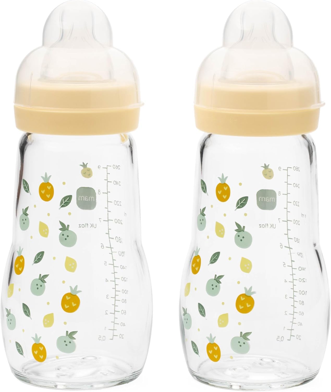  - Mam Feel Good Glass Bottle 2 Pack (2 X 260 Ml) Bottles With Medium Flow Teats Size 2 Baby Accessories For Newborn Yellow (Various