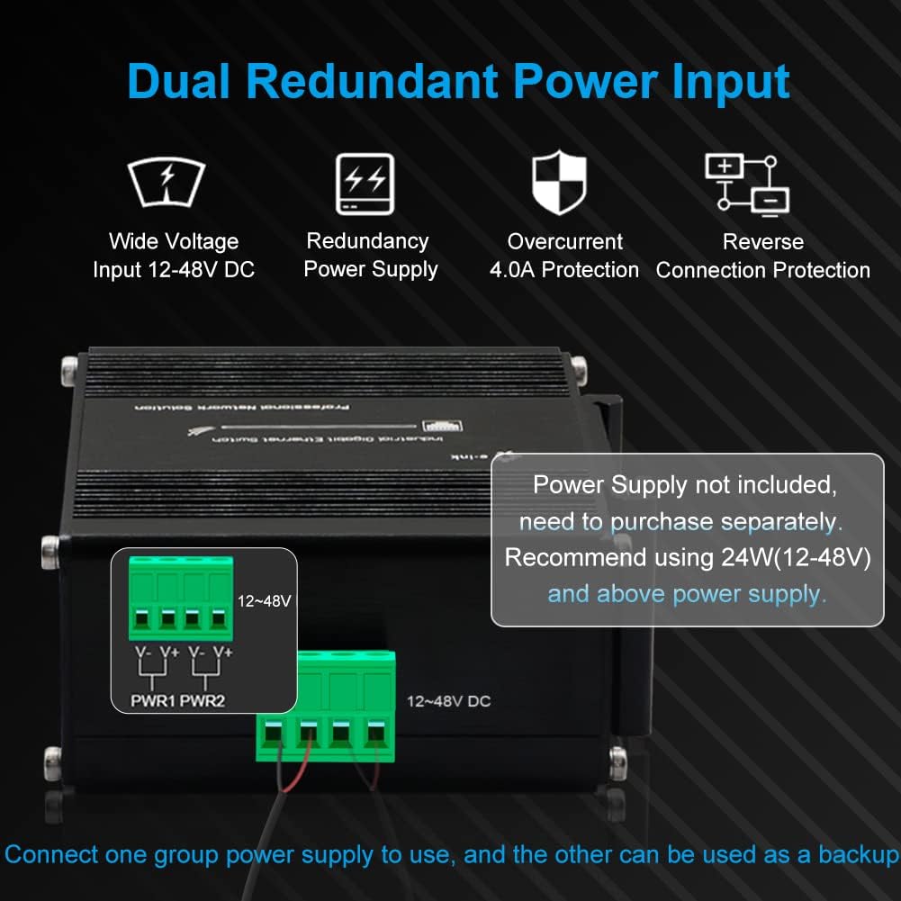 Industrial 10 Port Gigabit Ethernet Switch, RJ45 10/100/1000Mbps Mini Din Rail Mount Ethernet Switch, 12-48V DC Hardened Unmanaged Network Switch 20Gbps Switching Capacity