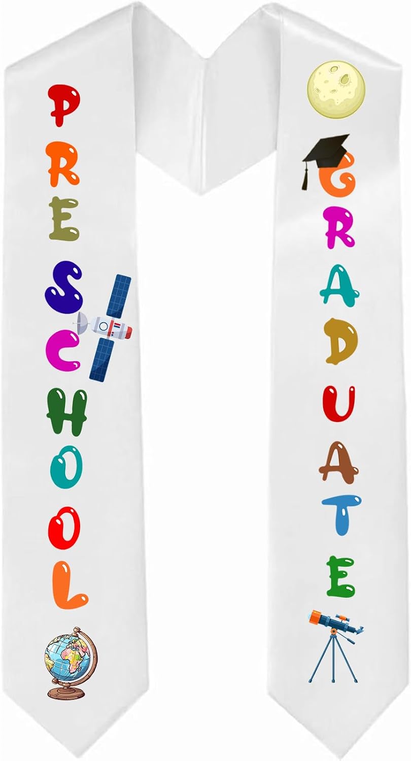 Preschool Graduation Stole Sash, Class of 2026 Graduation Sashes Unisex White Satin Stoles for Amateur Astronomer Gift