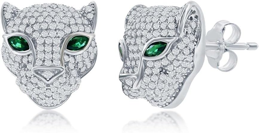 Beaux Bijoux Panther Stud Earrings for Women - .925 Sterling Silver Pavé Cubic Zirconia - Leopard Head Earrings with Green Eyes, Cheetah, Jaguar Animal Jewelry Gift