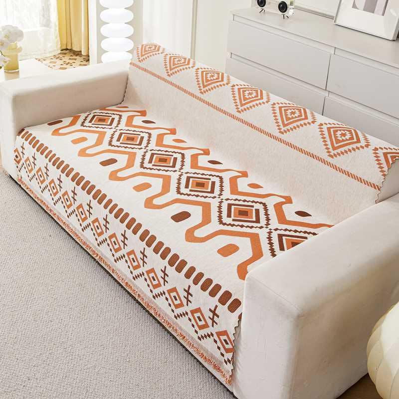 Image of HOMETHREADS Chenille Bohemian Boho Style Sofa Cover | Thick & Soft Luxury Slipcover | Protective, Washable & Stylish Couch Cover for Living Room Decor. (Bohemian Orange, 2 Seater | 140x180cm)