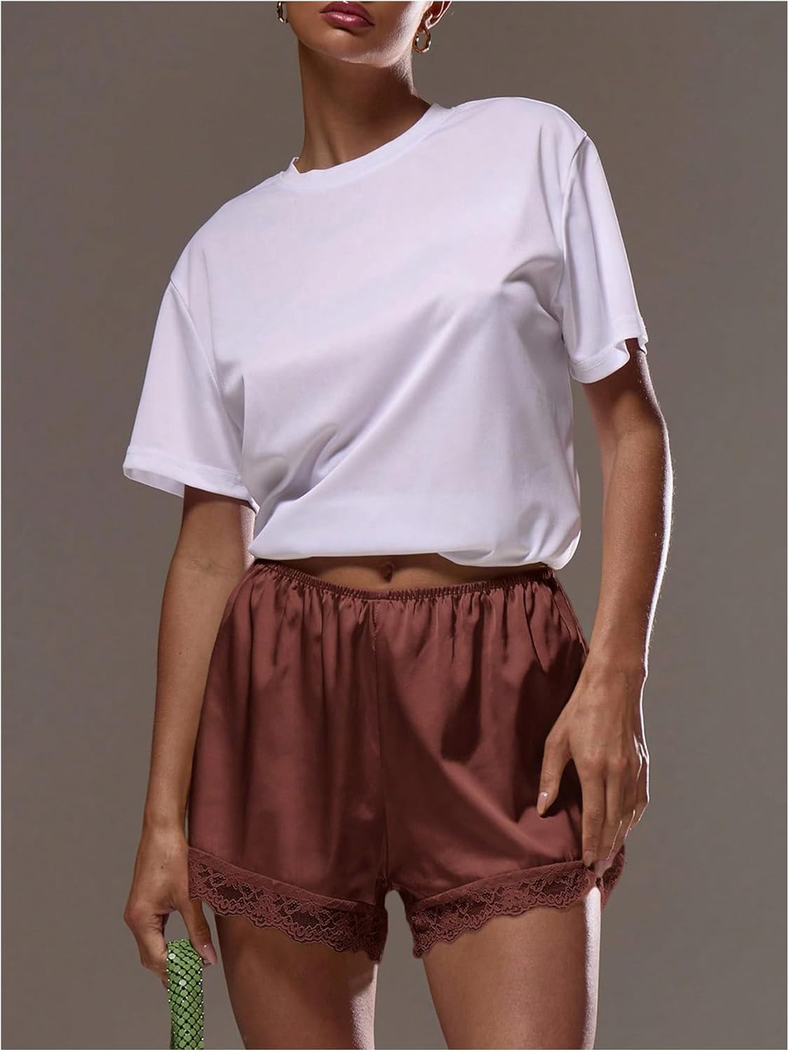 Women's Lace Trim Satin Shorts Shiny Elastic Waist Mini Shorts French Knickers - Image 4