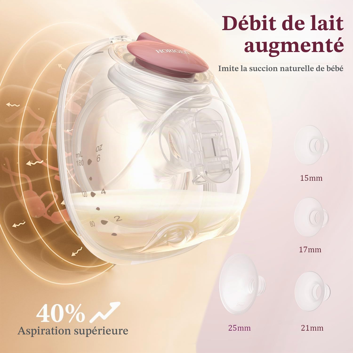 Horigen Tire-lait mains libres D6, tire-lait portable ultra léger avec bride à double joint souple – 25 mm, pompe électrique portable silencieuse et anti-fuite, 3 modes et 9 niveaux, moteur à faible