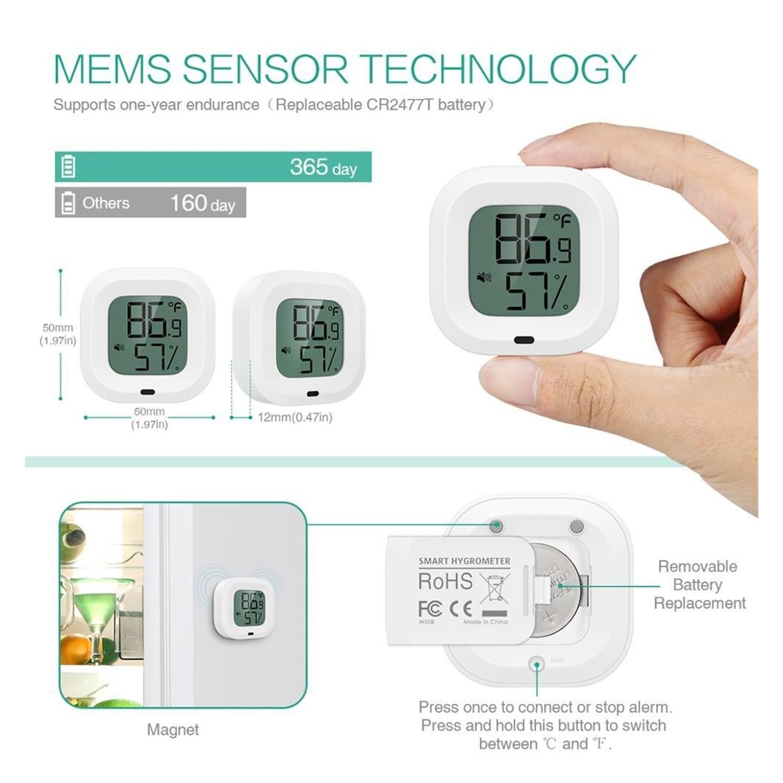 Bezprzewodowy Termometr Higrometr Mini Bluetooth 5.0 Alarm Czujnika Temperatury Wilgotności Wbudowany Dokładny Monitor(White)