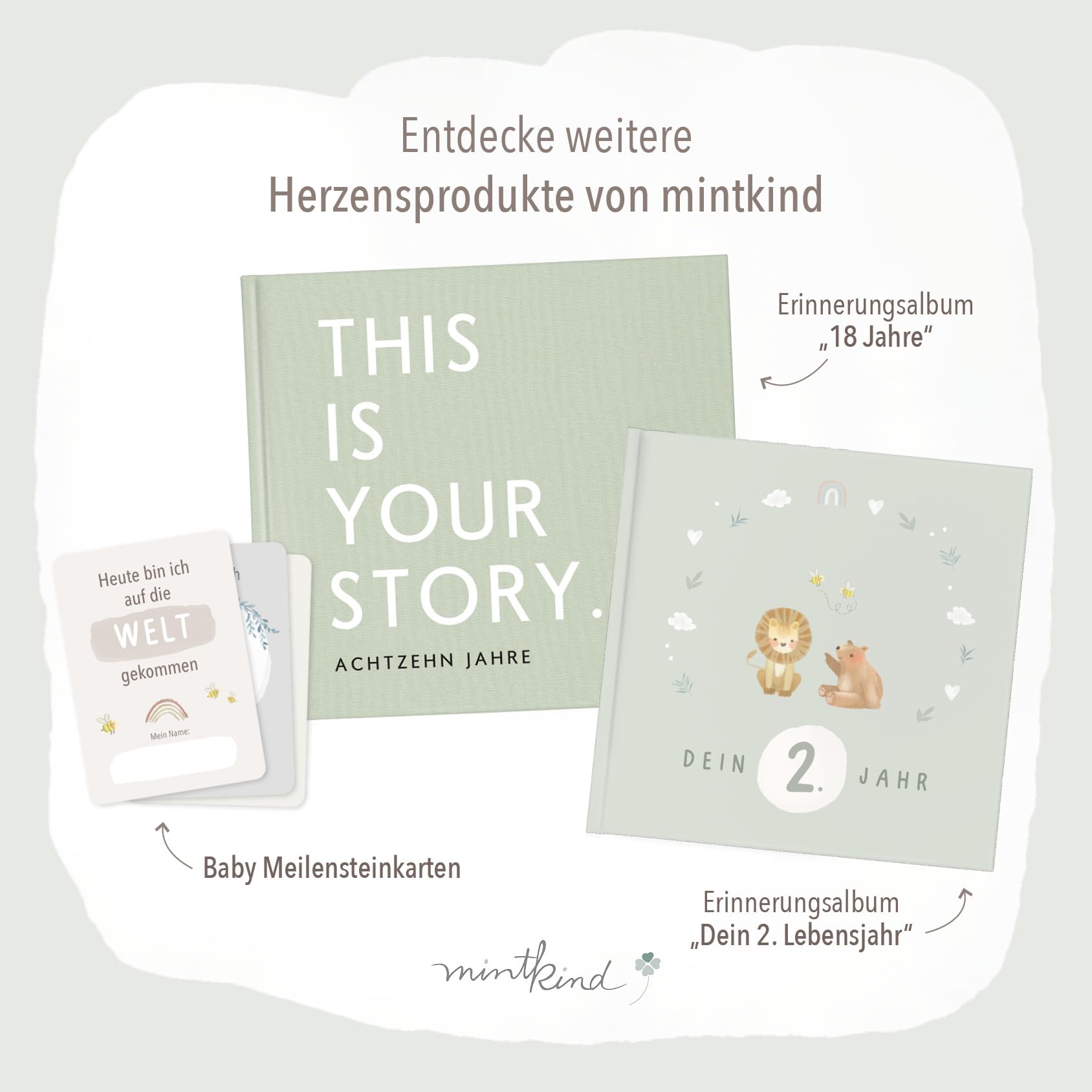 mintkind® Mein erstes Jahr Babyalbum Salbei – sanftes Babytagebuch mit 176 Seiten und Sticker-Set für ruhige Erinnerungen im ersten Lebensjahr, hochwertiges Hardcover 21 x 21 cm