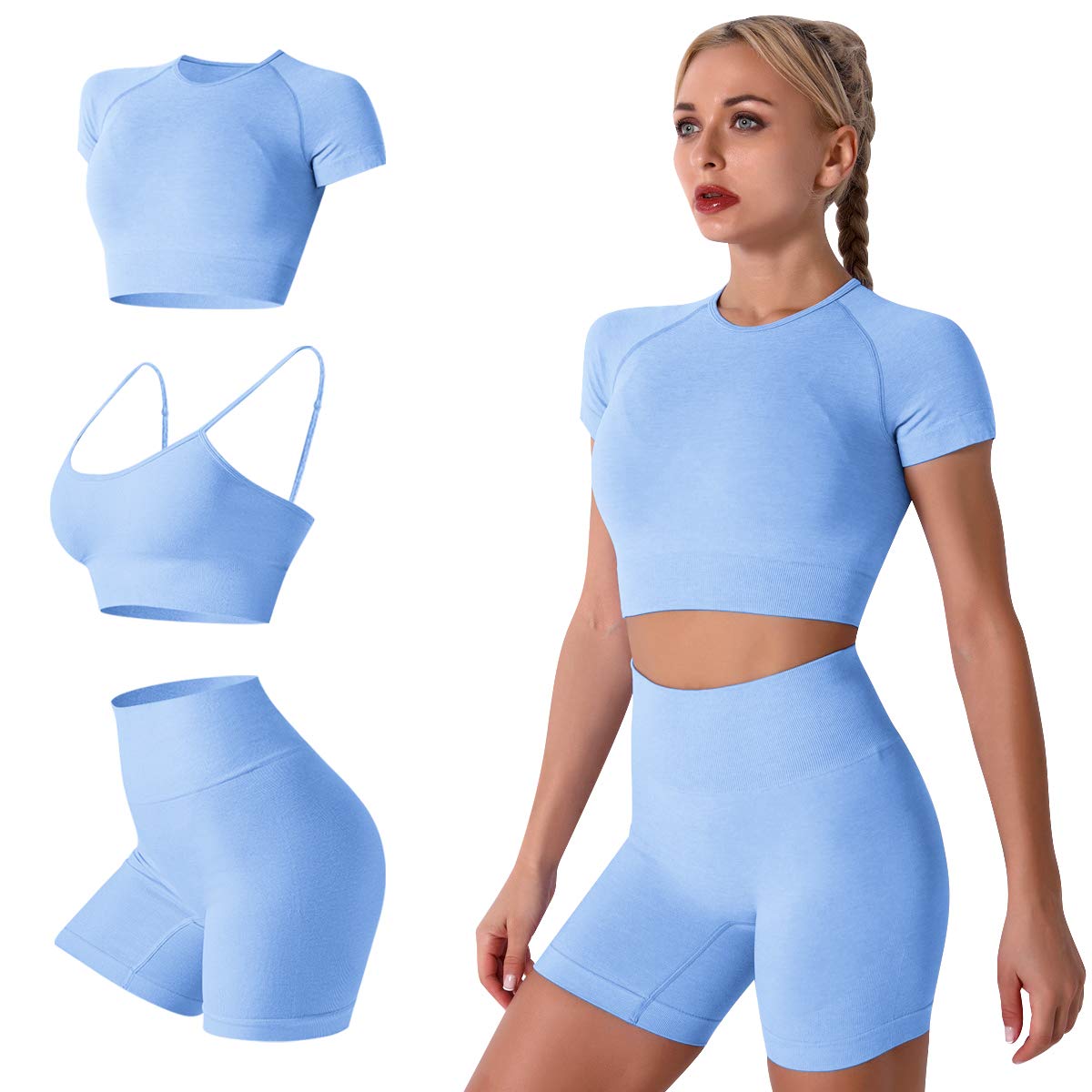 Women's Yoga Outfit Seamless Workout Set High Waist Exercise Shorts Pants with Sport Bra 3PCS Tracksuit Gym Tracksuits