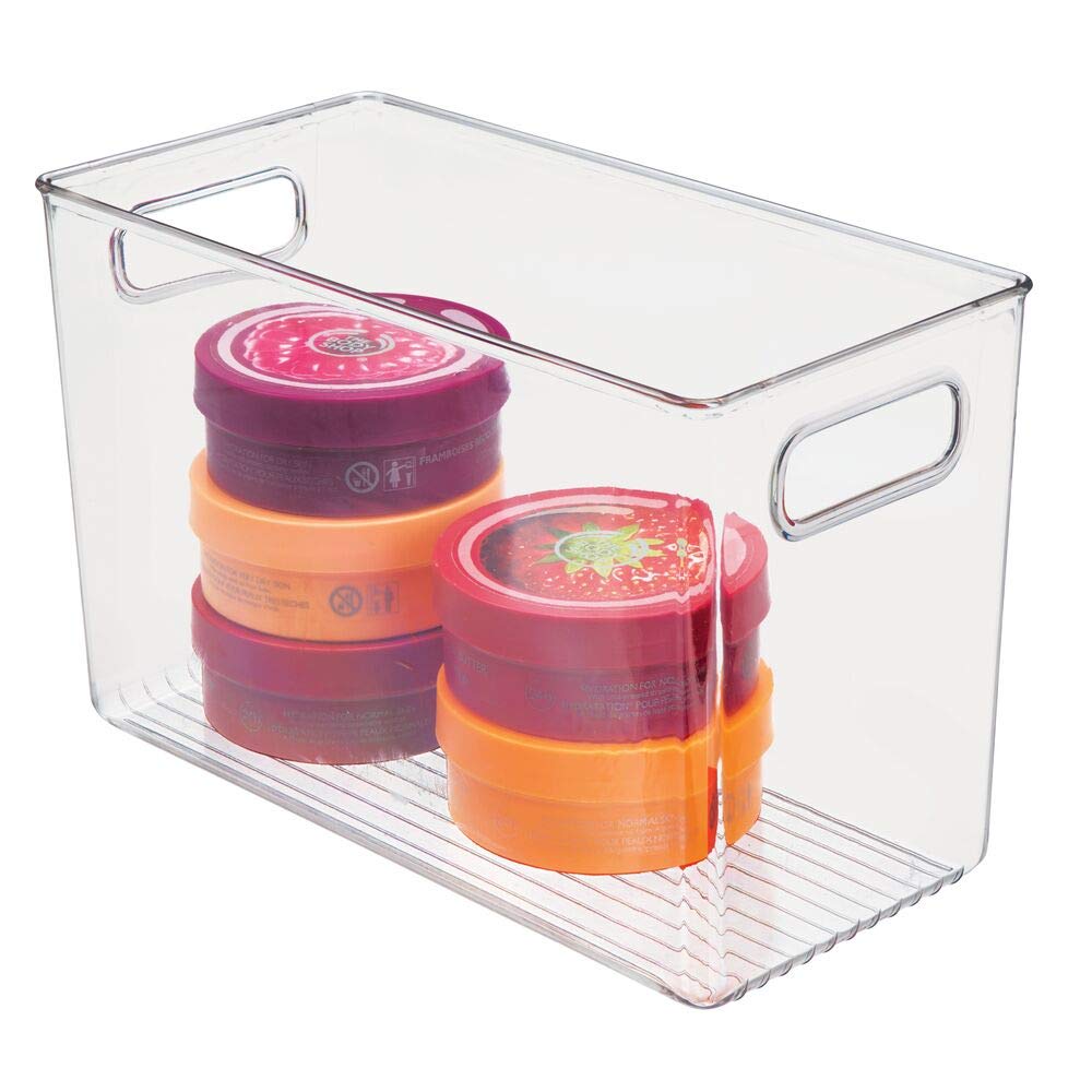 mDesign Storage Box – Slim Plastic Container with Integrated Handles – Bathroom Organiser Box for Toiletries, Cosmetics and Beauty Products – Clear