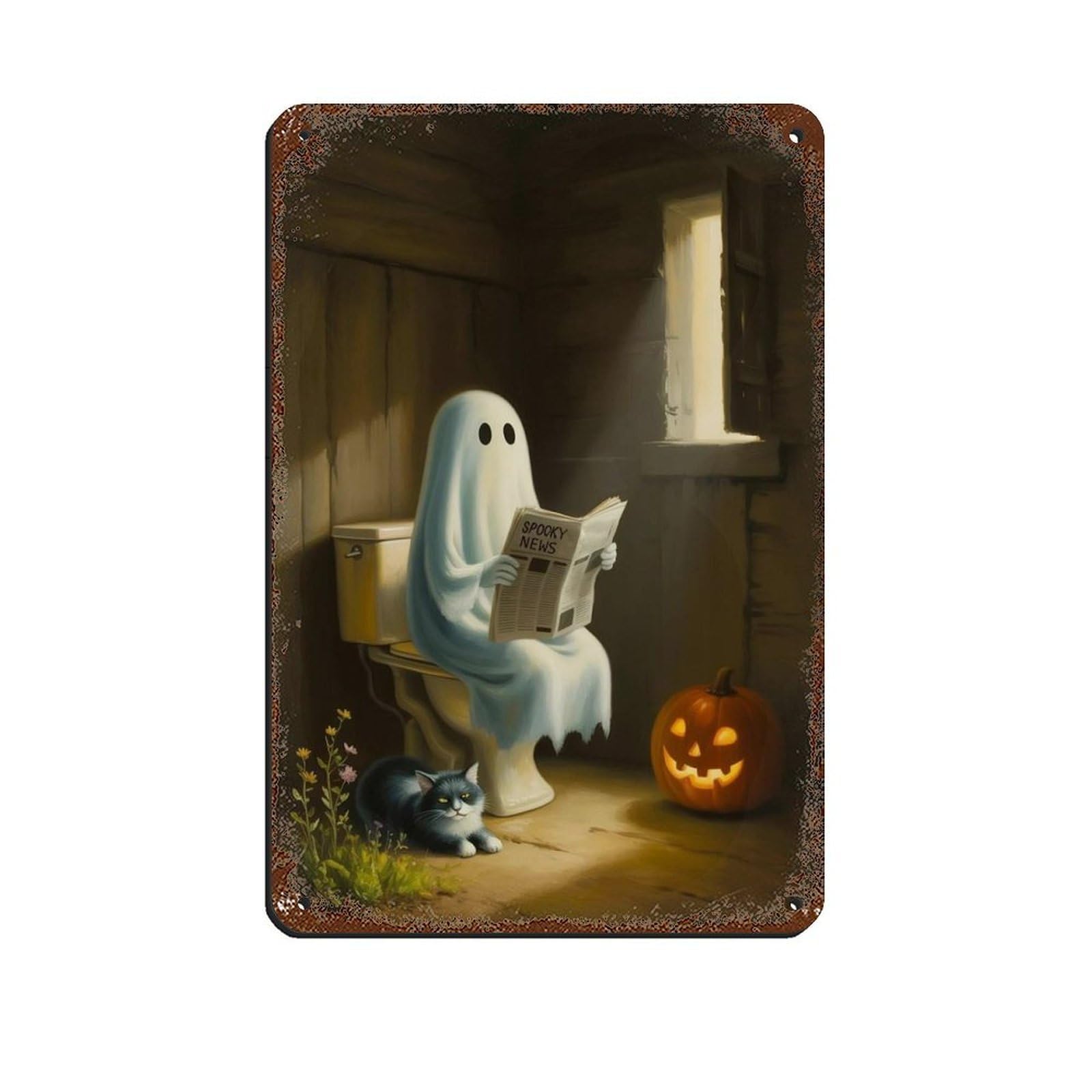 Ghost Reading A Newspaper on Toilet Poster (3) Tin Sign Vintage Metal Pub Club Cafe Bar Home Wall Art Decoration Poster Retro 8x12inch(20x30cm)