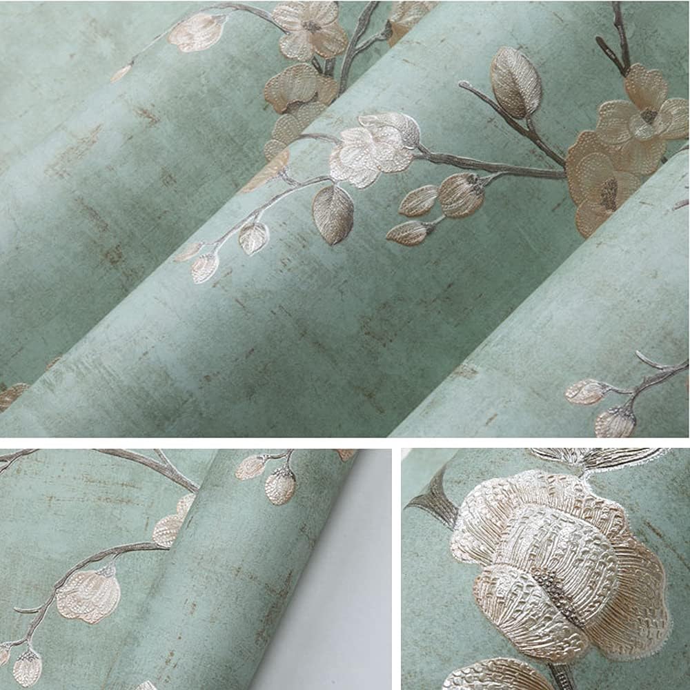 Q QIHANG 1.73' W x 32.8'L Small Floral Retro Nostalgic Rural Style Bedroom TV Background Wall Cafe Hotel Restaurant Non-Woven Non-Pasted Wallpaper (Green)