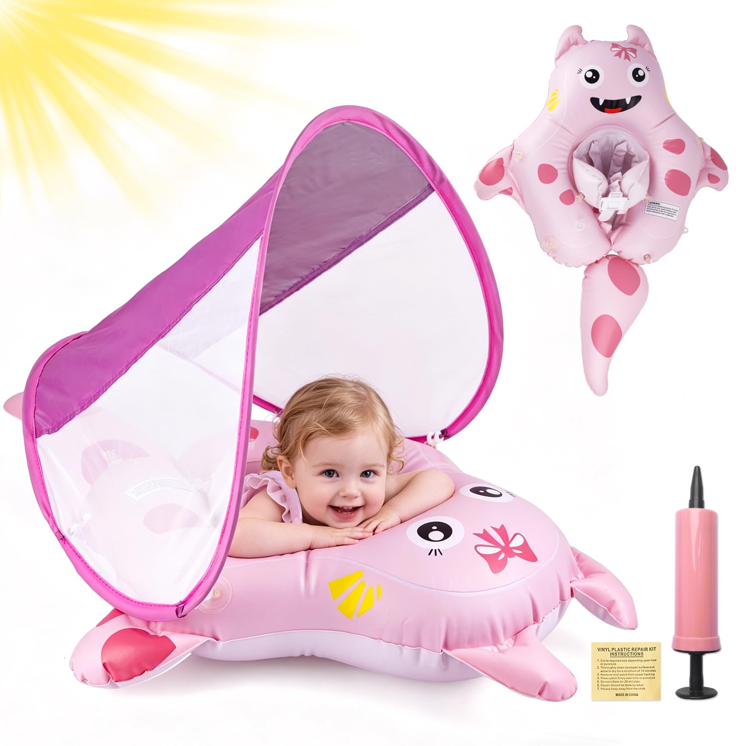 Flotador Bebe con Sombrilla, Protección UV UPF 50+, Anillo de Natación Inflable Bebé con Asiento Seguridad y Bola de Equilibrio Antivuelco, Flotadores de Piscina para Bebes 10-36 Meses