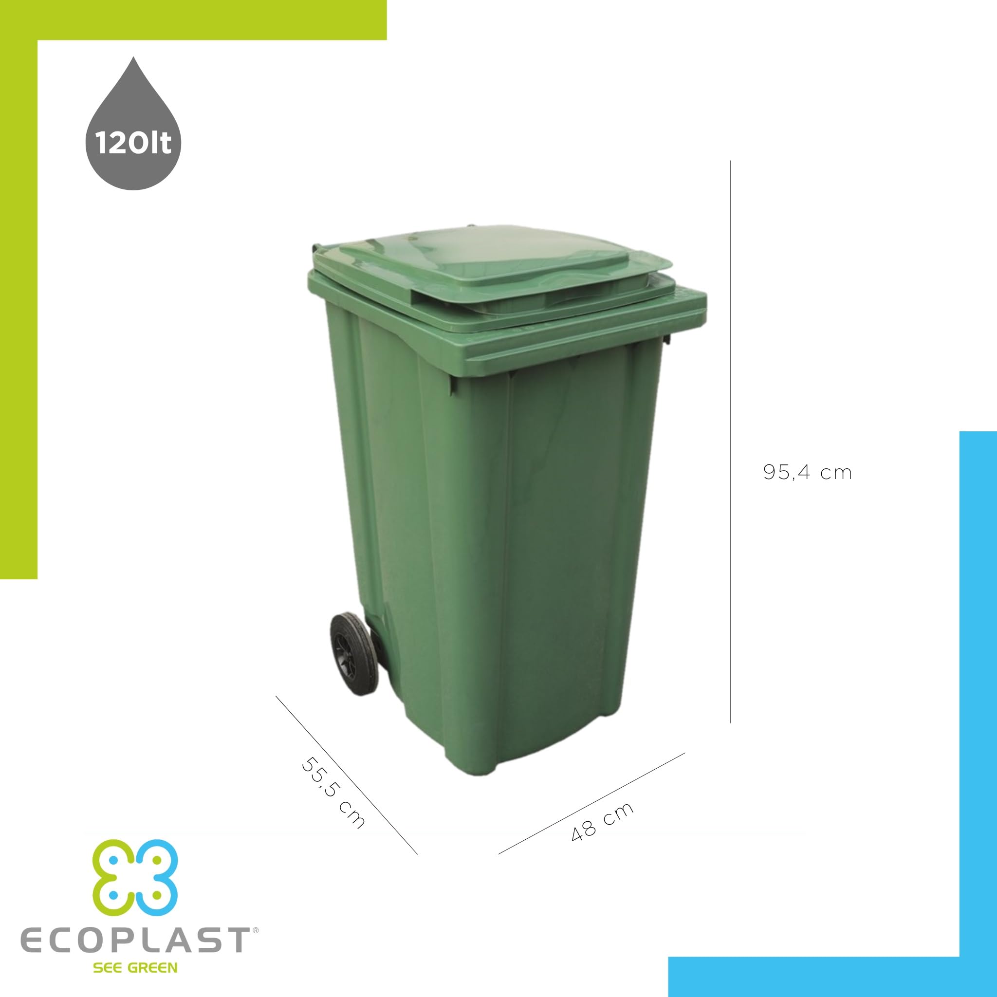 Ecoplast | Bidone Carrellato in Plastica, Bidone Spazzatura con Ruote, 120 Lt, Grigio, 55x48x94