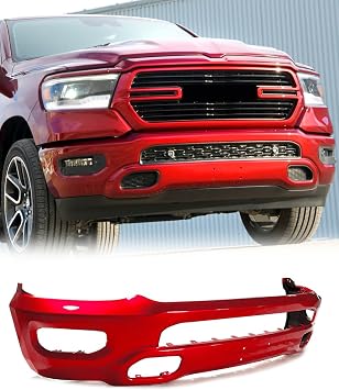 Flame Red Front Bumper Impact Face Bar Compatible with 2019-2024 Dodge Ram 1500 W/Fog Light Holes Replace for 5ZB41TZZAA