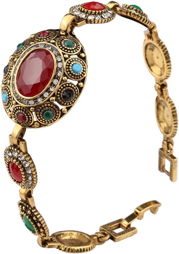 Turkish Jewelry Bangle Multicolored Stone Antiqued Gold Plated Link Bracelet for Lady Women Mom Gift