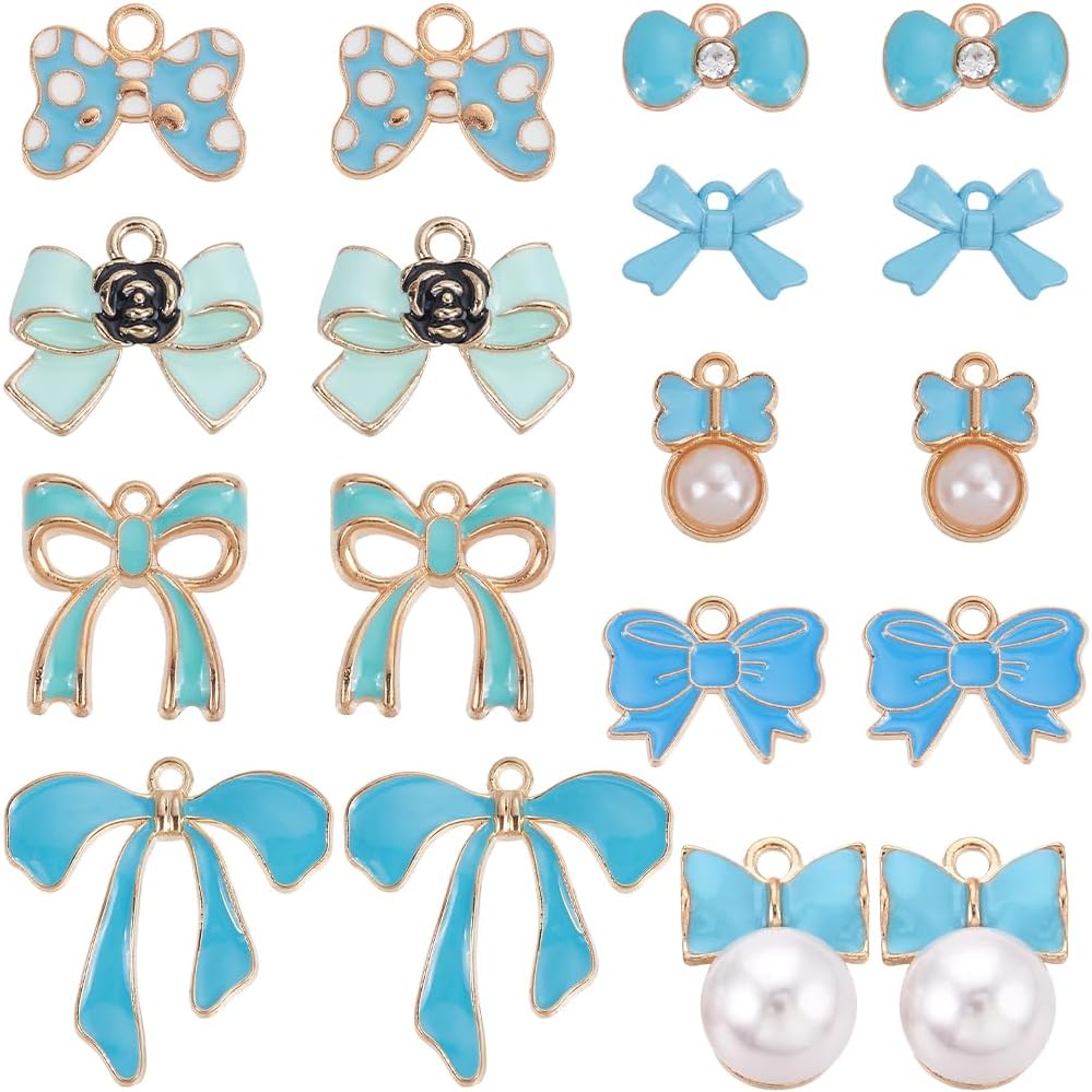 SUNNYCLUE 1 Box 54Pcs 9 Styles Bowtie Charms Bow Charm Bulk Enamel Alloy Small Blue Lovely Lolita Pearl Bowknot Charms for Jewelry Making Charms Diy Necklaces Bracelets Earrings Valentine Gifts Women