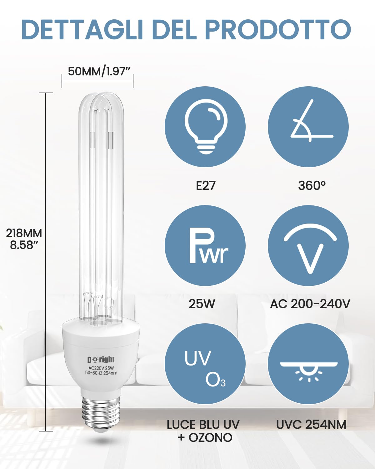 DoRight 2 Pezzo Lampada UV Ozono E27 25W Lampada Germicida Raggi UVC 254nm con Tubo al Quarzo Brine Ozono Contro Batteri Virus e Acari AC220-240V per Case, Uffici, Ristoranti e Scuola