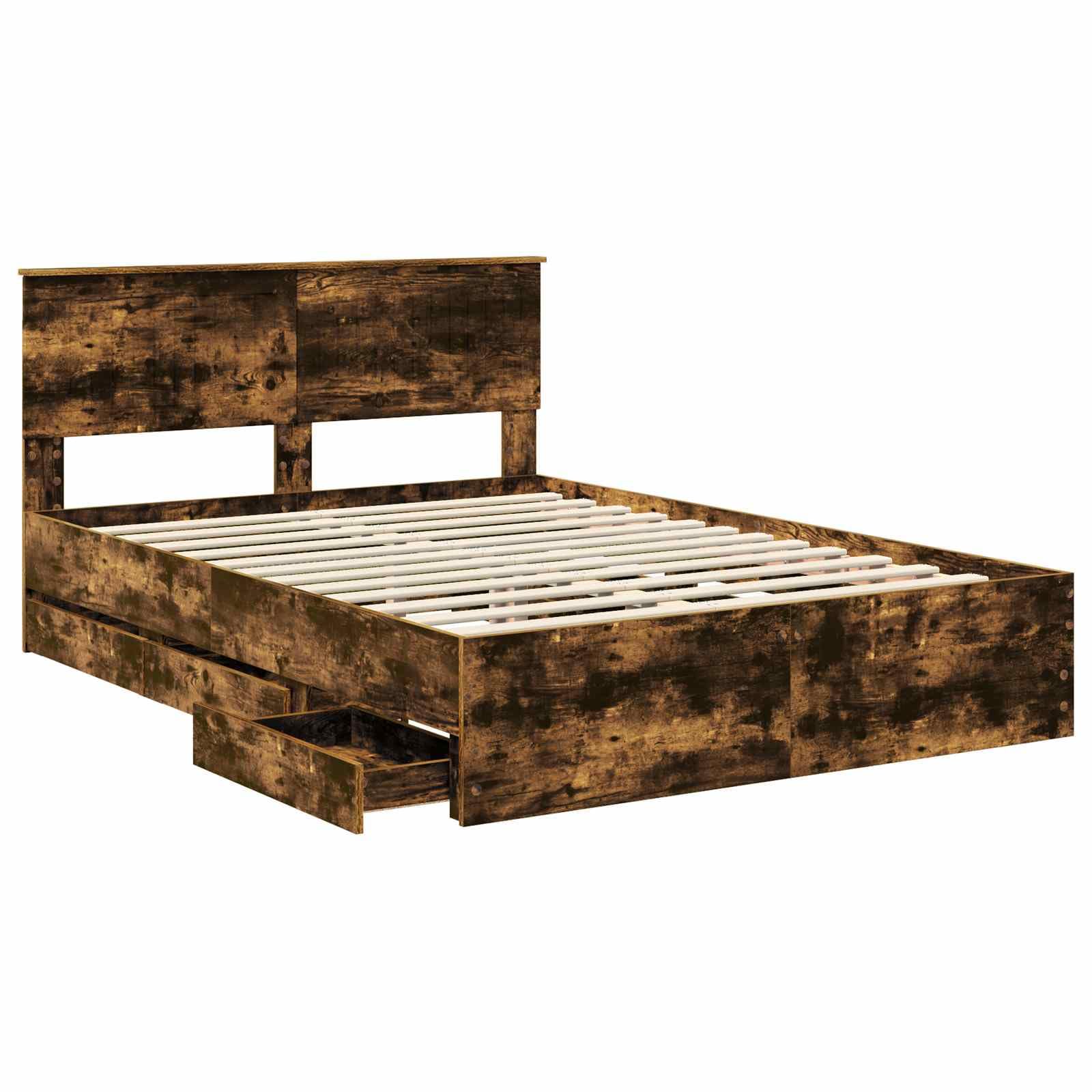 Rama łóżka z wędzonego dębu 140 x 190 cm z drewnem inżynierskim, nowoczesne wzornictwo, stabilne materiały drewnopochodne, 6 szuflad, na łóżko podwójne, miejsce do przechowywania, trwała