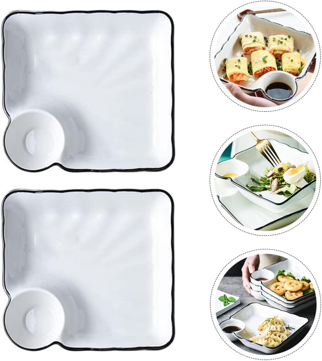 2pcs Japanese Style Ceramic Sushi Plates with Snack Dipping Dish and Dumpling Sauce Section, Square Porcelain Serving Set for Sushi and Appetizer Presentation