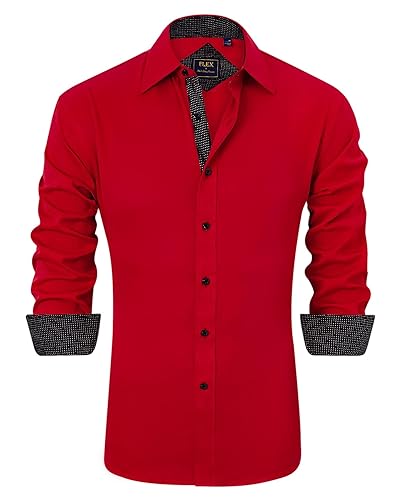 J.Ver Men's Casual Long Sleeve Stretch Dress Shirt Wrinkle-Free Regular Fit Button Down Shirts - A-black/Red Large