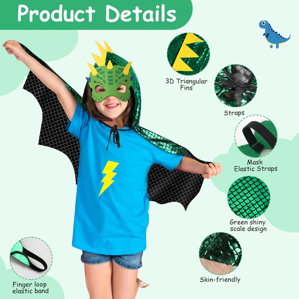 Aomig Disfraz Dinosaurio Niño, 3Pcs Capa de Dinosaurio con Capucha y Mangas y Máscara Dinosaurio, Capa de Disfraz de Dragón para Niños para Halloween Carnaval Fiestas Cosplay Cumpleaños — view 3