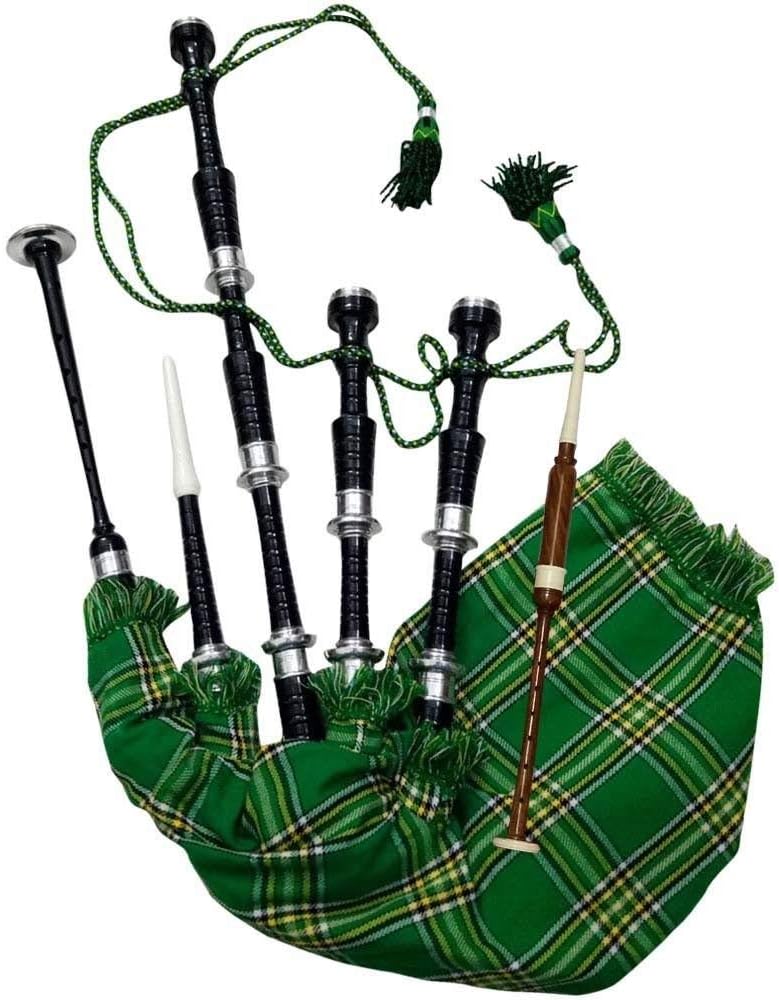 Scottish Full Size Bagpipe Rosewood or Black Finish with Silver Plain Mounts Free Tutor Book, Carrying Bag, Drone, Reeds (Black,National Green)