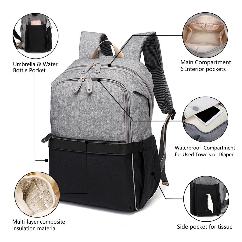 Sac à langer USB tendance étanche pour maman 2020 multifonction de voyage, maternité et poussette, Gris noir.