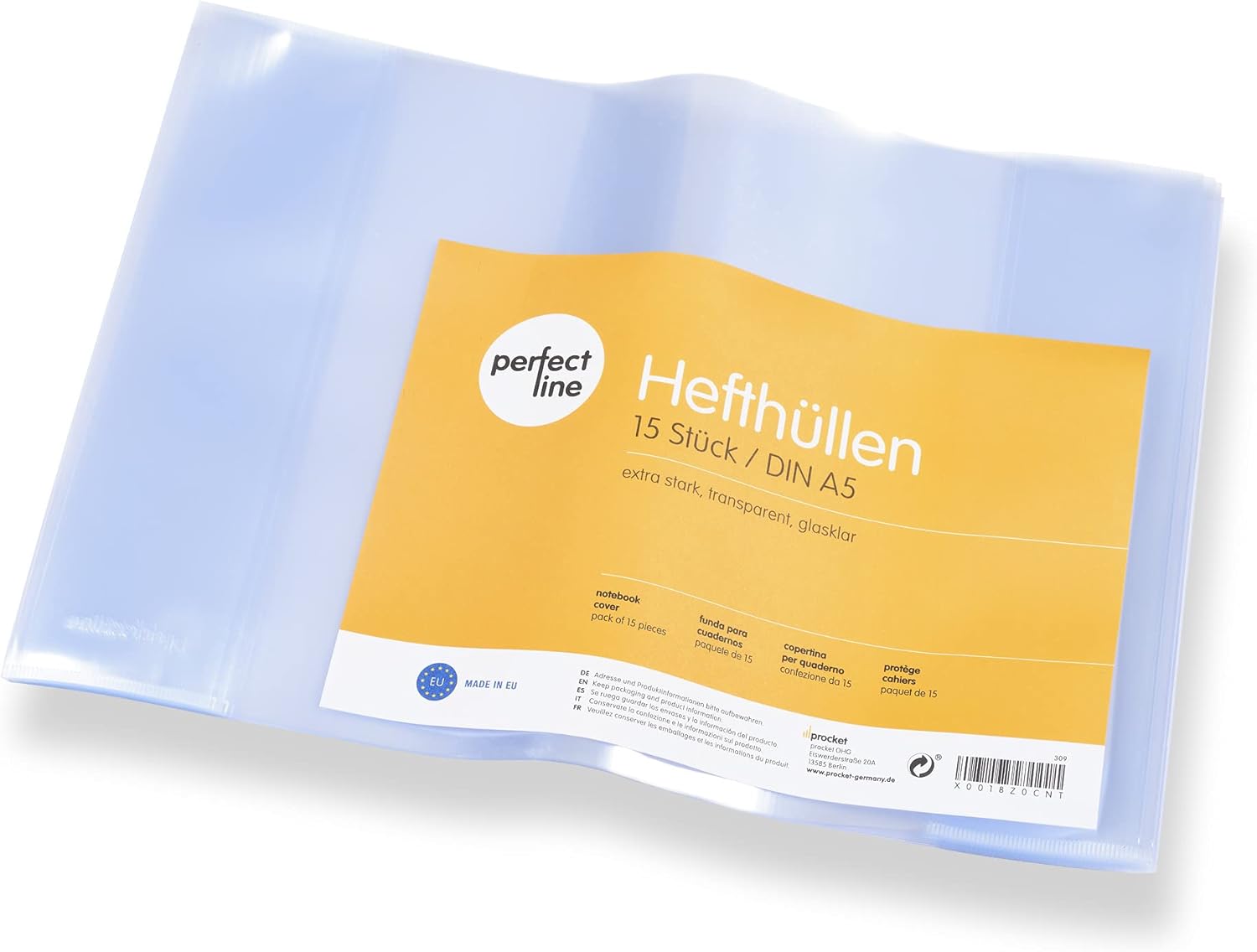 perfect line 15 fundas para cuadernos DIN-A5 EXTRA FUERTES, claras y transparentes, forros para cuadernos flexibles y fáciles de limpiar, protectores de libros con encuadernado, funda protectora