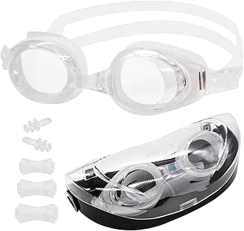 GNOLONG Gafas de Natación para Adultos Gafas de Natación Ajustables Protección UV Antivaho con Tapones para los oídos para Hombres y Mujeres (White)