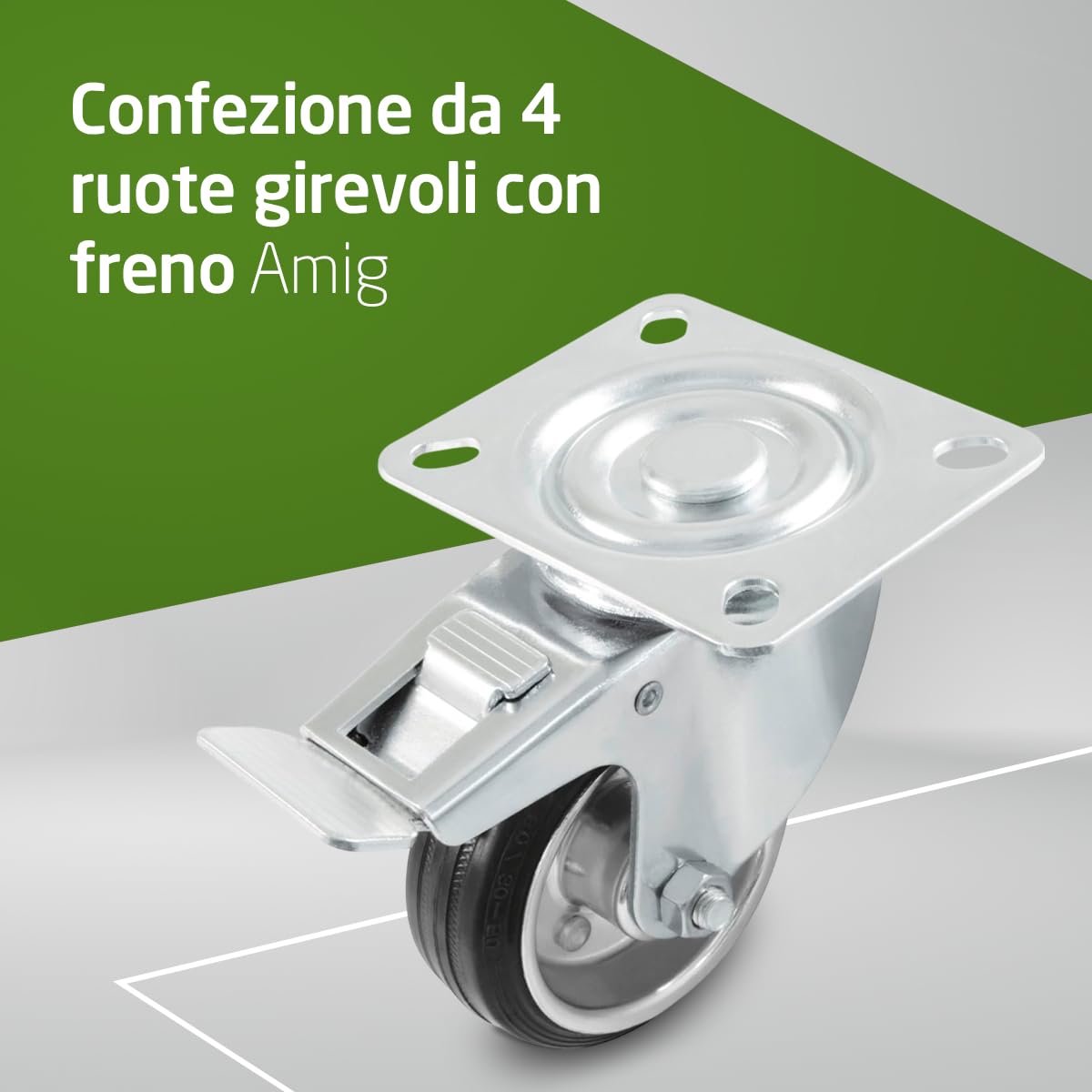 Amig - Set di 4 Ruote per Mobili - Ø 100 mm - Portata Massima per Ruota 100 kg - Piastra in Acciaio - Realizzate in Gomma - Senza Freno - Ideali per Spostare Attrezzature Industriali e Mobili Pesanti