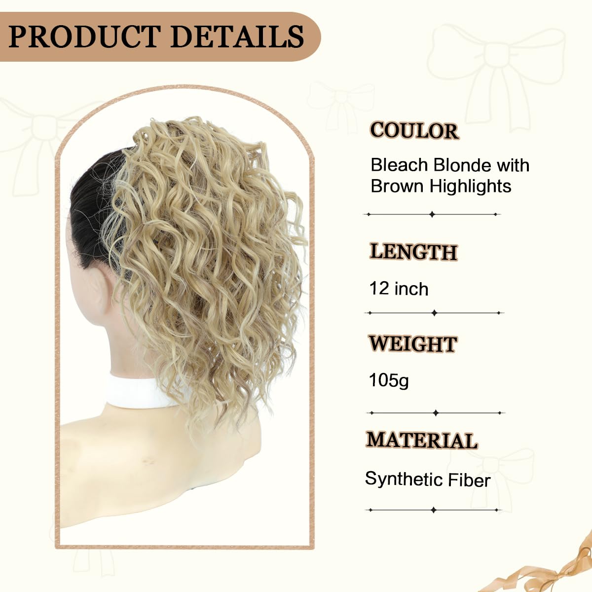VEGALILY 12 inch Hair Extensions Clip in Bleach Blonde with Brown Highlights Ponytail extension Short Curly Claw Clip Ponytail Synthetic Drawstring ponytail Hair Pieces for Women for Daily Use - Image 2