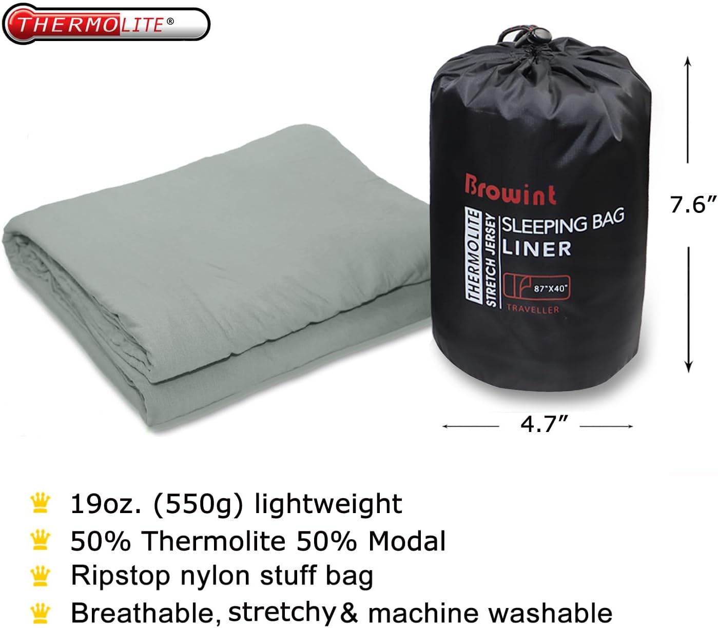 BROWINT Thermolite Sleeping Bag Liner with Zippers for Cold Weather, Lightweight Mummy with Hood & Rectangular Sleep Sack for Adult, Adds Warmth, Thermal Travel Liner, All Season