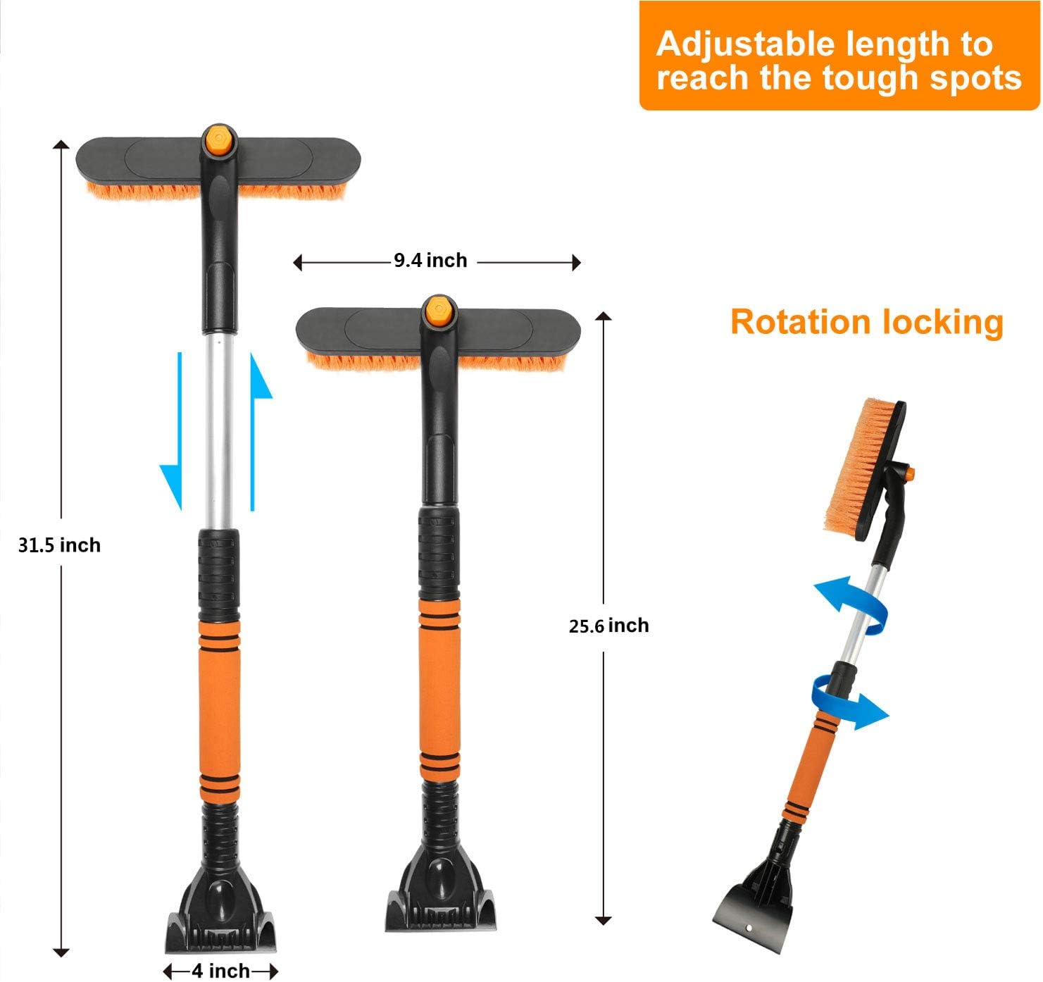 KangNa Car Snow Brush with Ice Scraper and Foam Grip Detachable Snow Mover, Snow Brush Removal Extendable for Car Auto SUV Truck Windshield - Orange