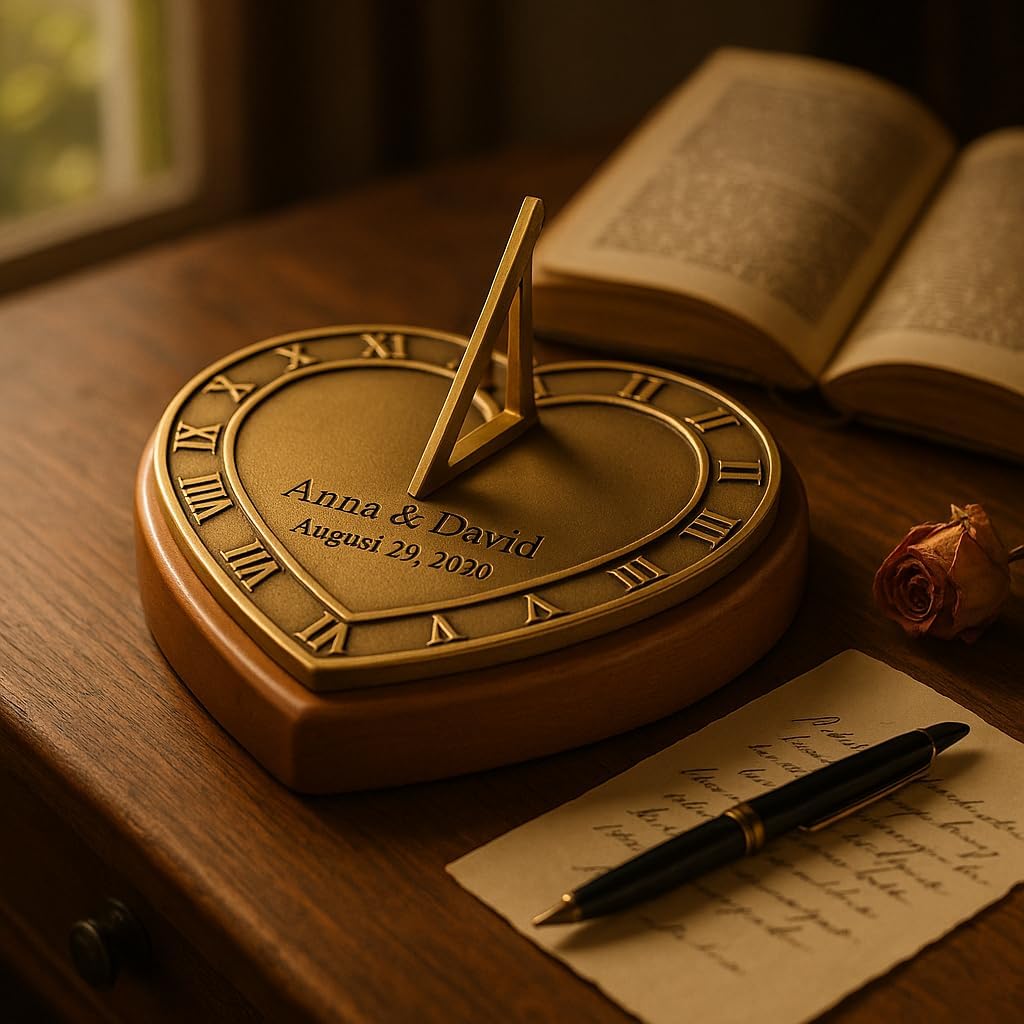 Heart-Shaped Brass Sundial on Wood Base – Solid Sand-Cast Brass with Roman Numerals – Symbol of Eternal Love & Time – Handmade Heirloom Décor for Anniversary, Wedding, or Home