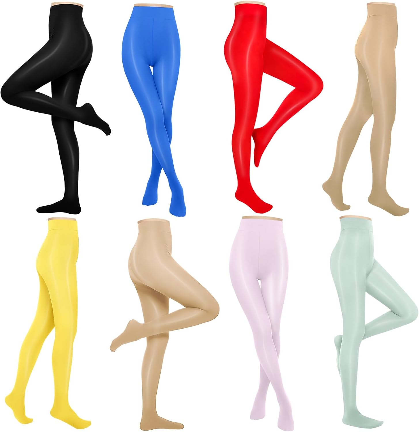 8 Pairs Shiny Tights for Women Multi Colored Plus-size Shiny Pantyhose Pack Sheer Ultra Shimmery Tights Solid Color Control Top Footed Silky Smooth High Waist Pantyhose