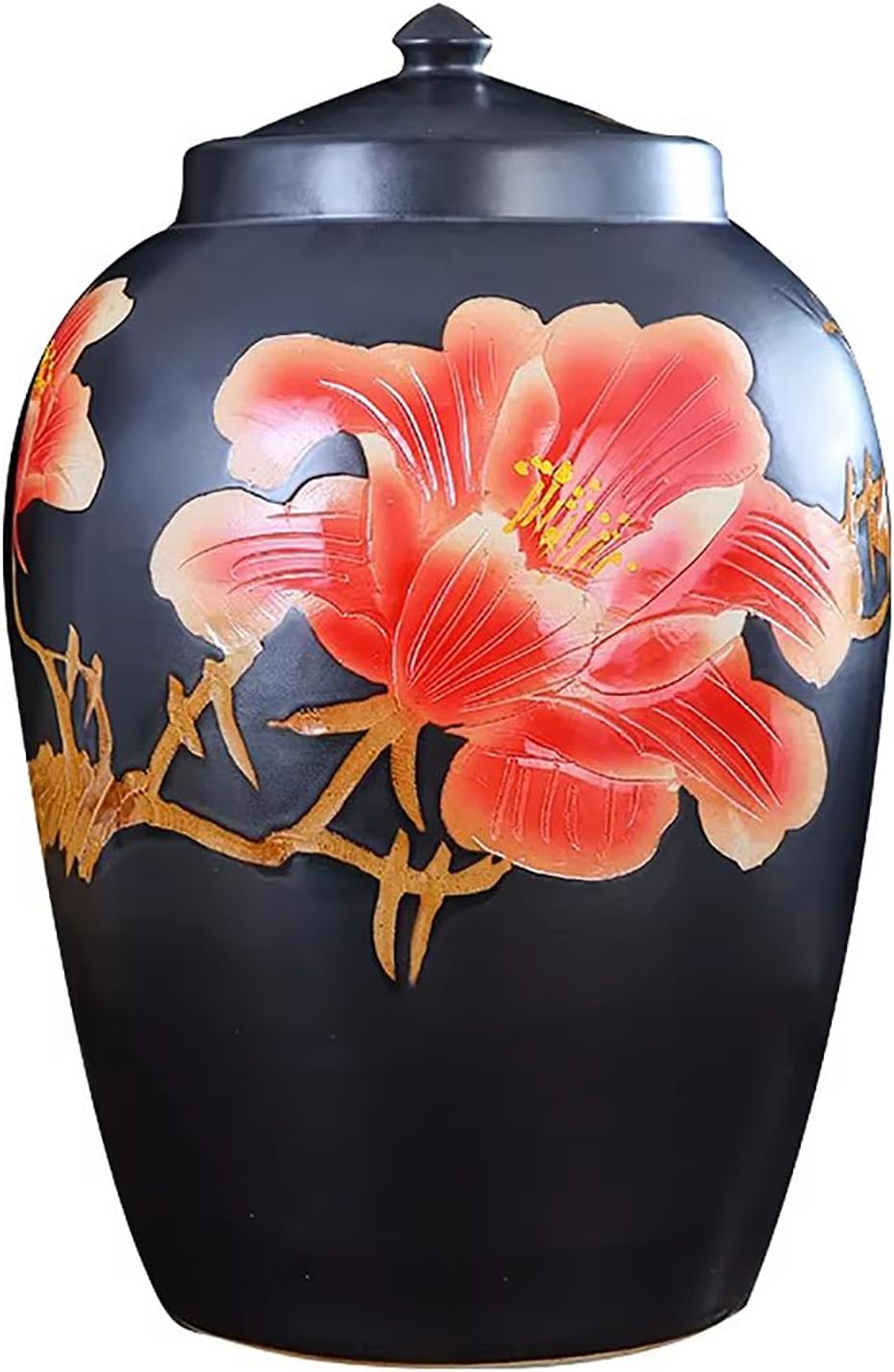 Large Capacity Ceramic Rice Jar 110lbs,Hand-Carved Ceramic Rice Dispenser Container Bucket with Airtight Lid,Household Food Storage Container for Cereal,Sugar, Candy, Coffee Beans