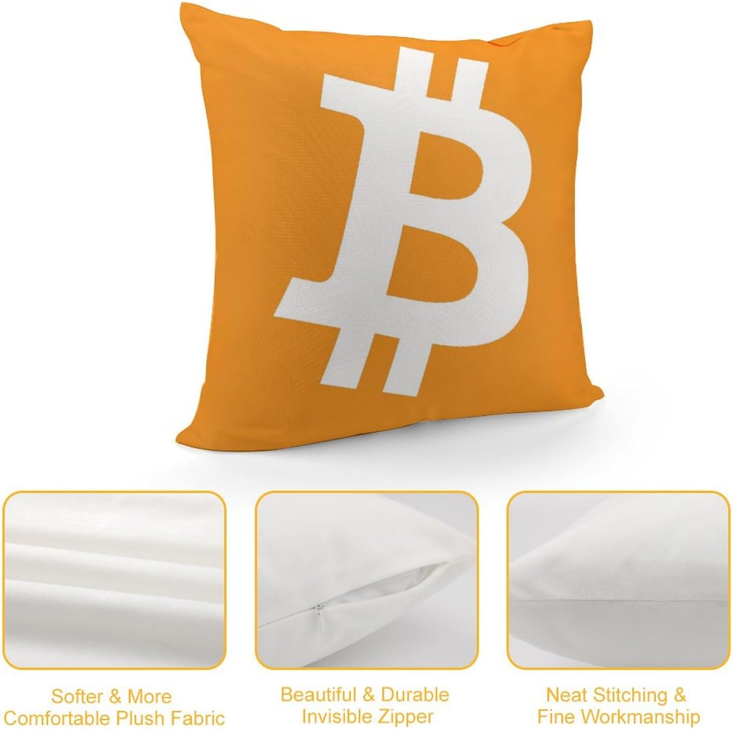 Bitcoin Decorative Throw Pillow, 18x18 Inch Complete Set with Insert, Orange Holland Velvet Cover, Hidden Zipper, Cryptocurrency Theme