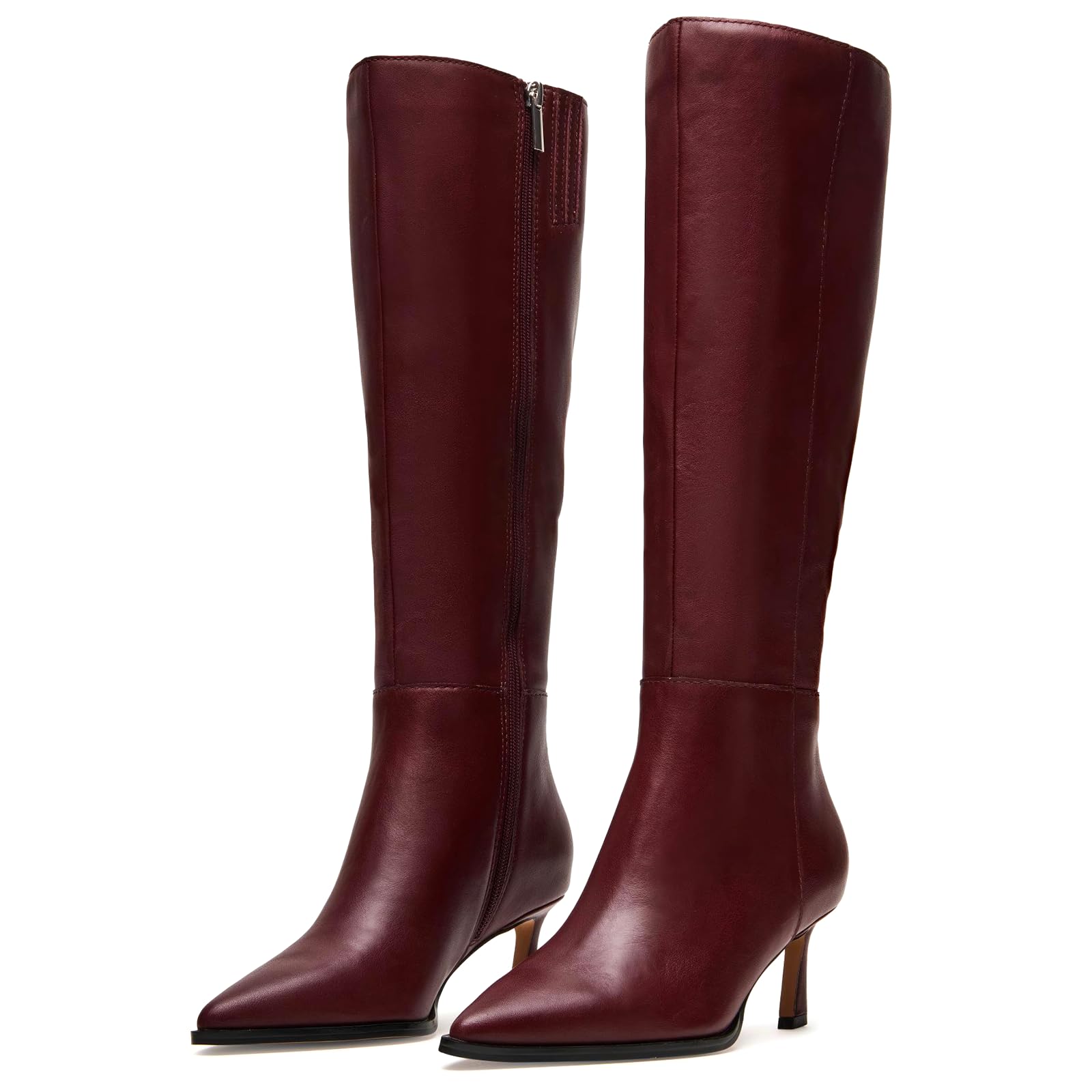 SUIARA Kitten Heel Knee High Boots Women-Pointed Toe Faux Leather Stiletto Side Zipper Long Tall Dress Boot