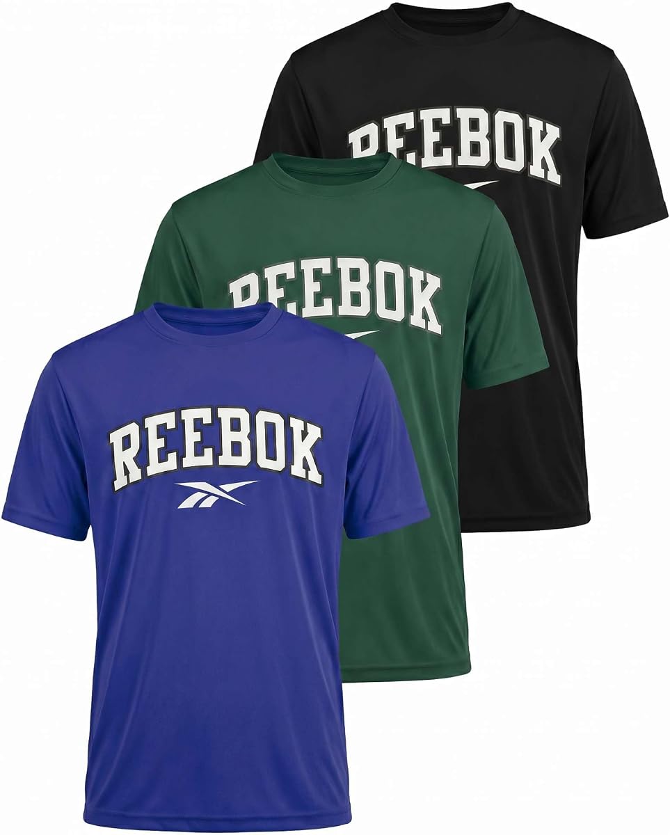 Reebok Paquete de 3: Camisetas de algodón de manga corta con cuello redondo para niños, adolescentes, jóvenes, atléticas, para correr, baloncesto (6-18)